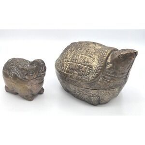 2 Vintage Southeast Asian Brass Betel Nut Containers: Turtle,‎ Elephant